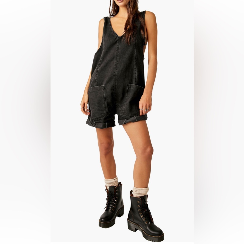 Free People High Roller Short Denim Overalls